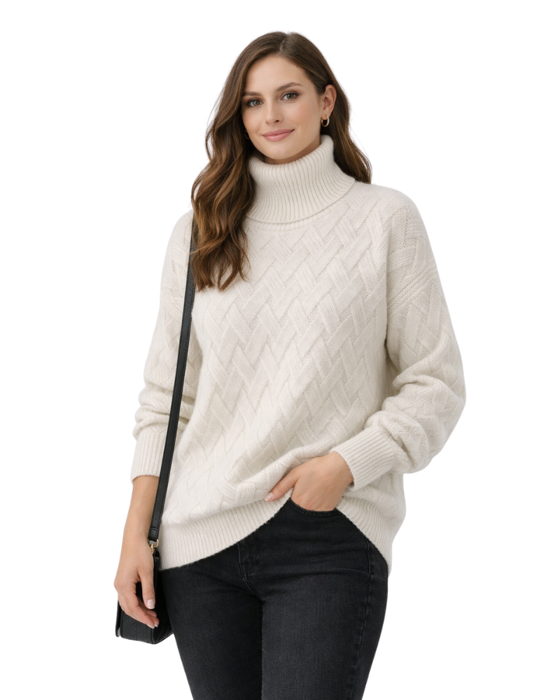 Alexandria Pull Femme Col Roulé Maille Torsadée