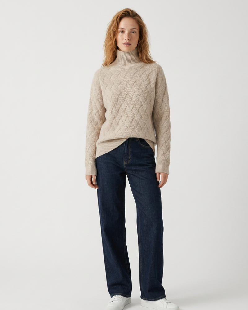 Alexandria Pull Femme Col Roulé Maille Torsadée