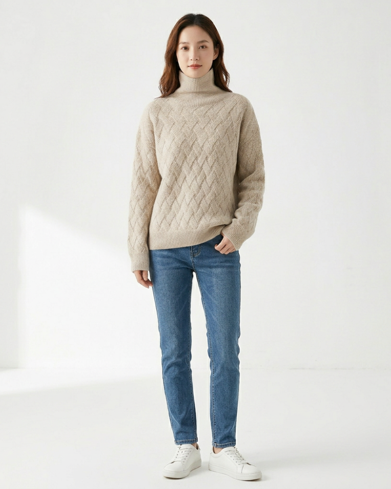 Alexandria Pull Femme Col Roulé Maille Torsadée