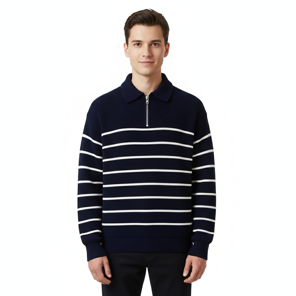 Marc Pull Homme Rayé à Demi-Zip